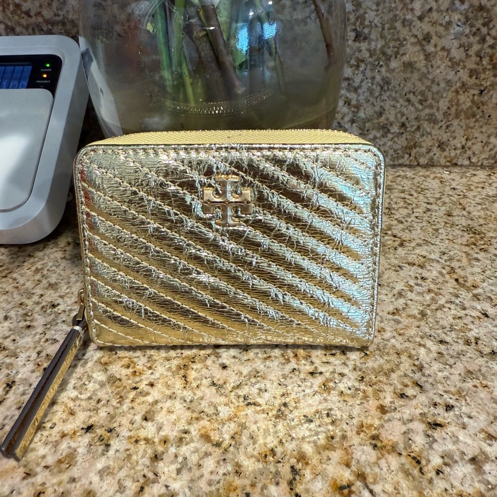 Tory Burch Gold Quilted Wallet with Zippered Closure